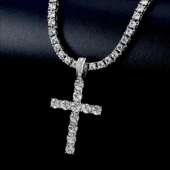 Accessories - Cross Pendant Necklace with 4mm Tennis Chain Iced  Necklace Jewelry Silver chain